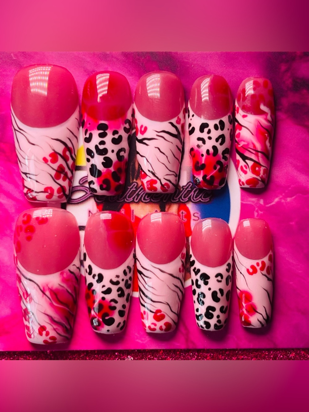 Press-On Nail Set — Pink Leopard & Marble Design